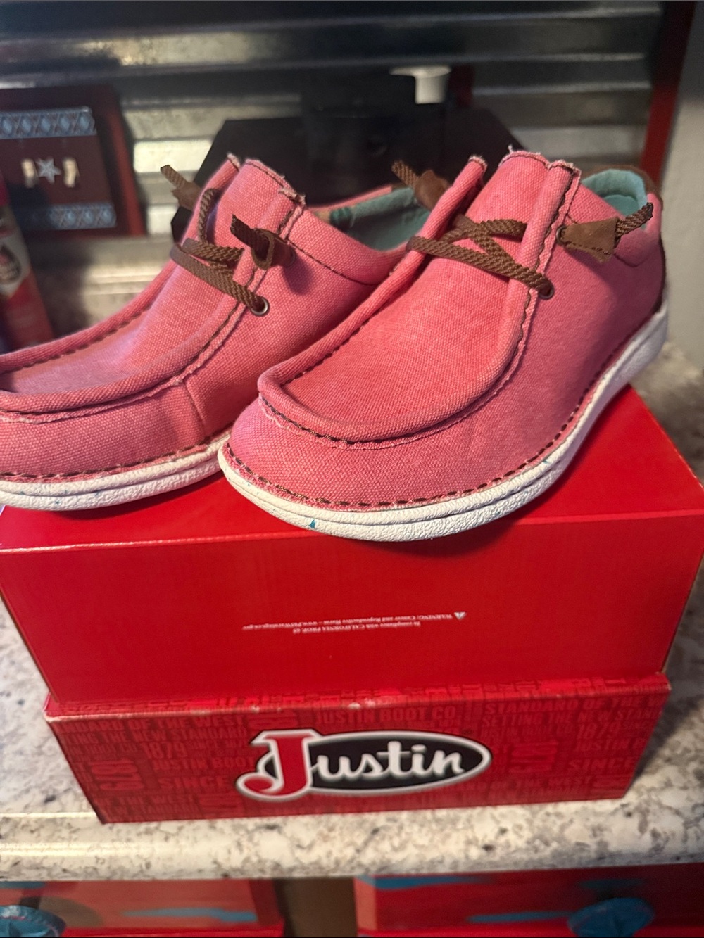 Justin Boots women’s pink Canvas Slip-On Moccasins with Brown Accents